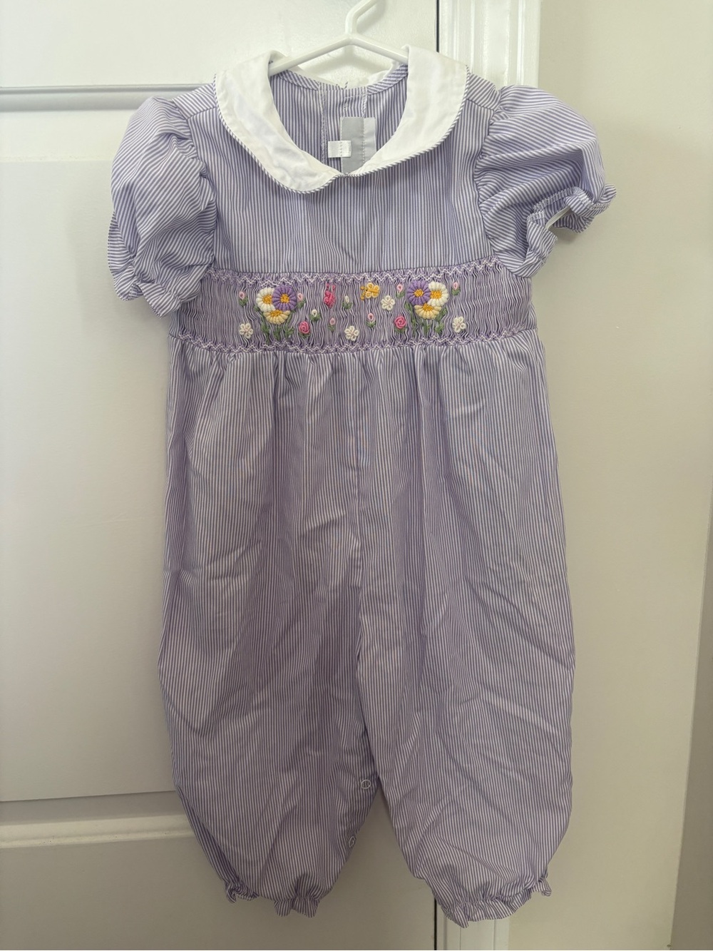 Fantaisie Kids Purple & White Striped Smocked Romper Spring Flowers 24mo